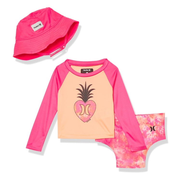3t Nwt Hurley Girls' Long Sleeve Rash Guard And Hat 3-Piece Swimsuit Set